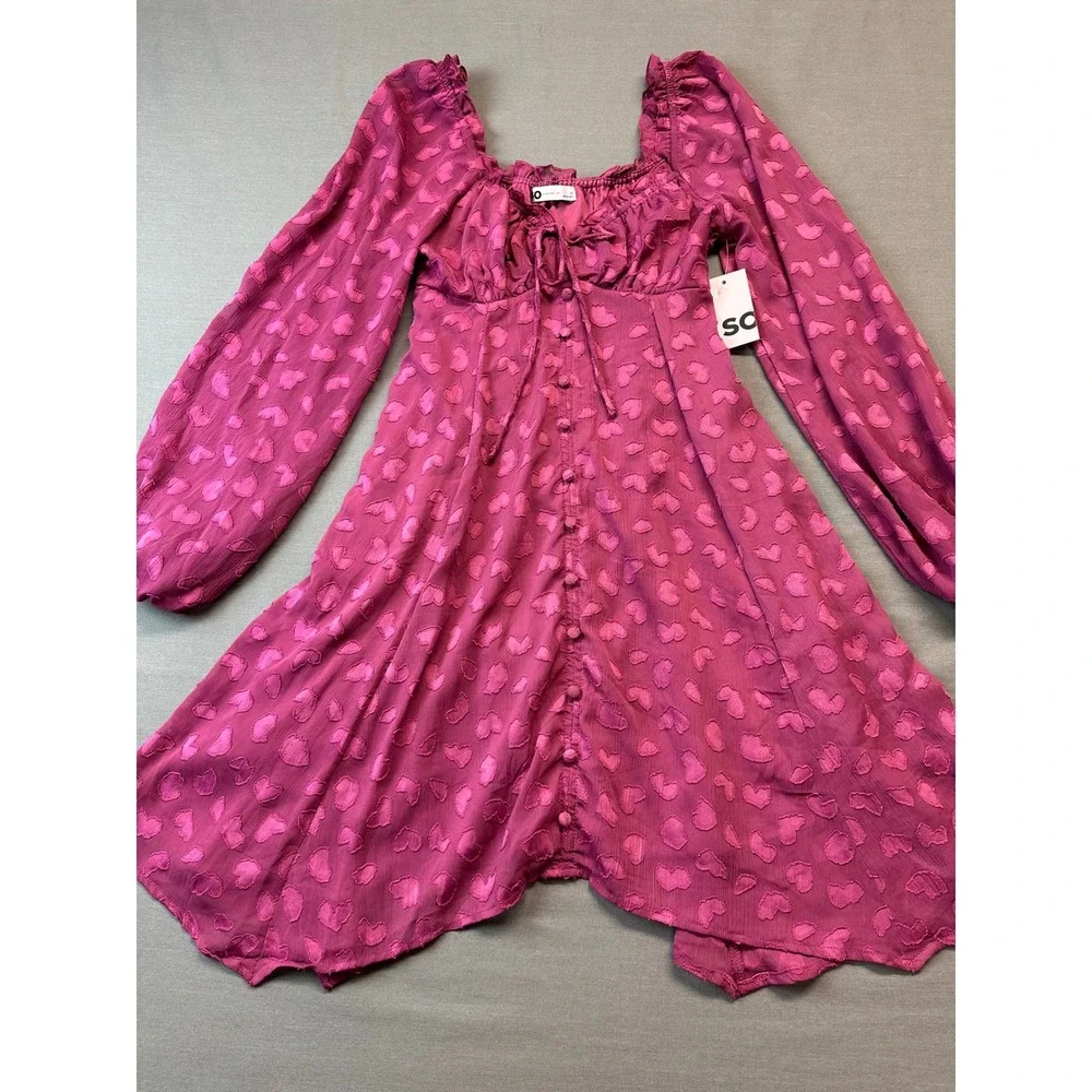 NWT* SO Magenta Pink Heart Clip Dot Babydoll Mini Dress Medium Handkerchief Hem - Picture 1 of 6